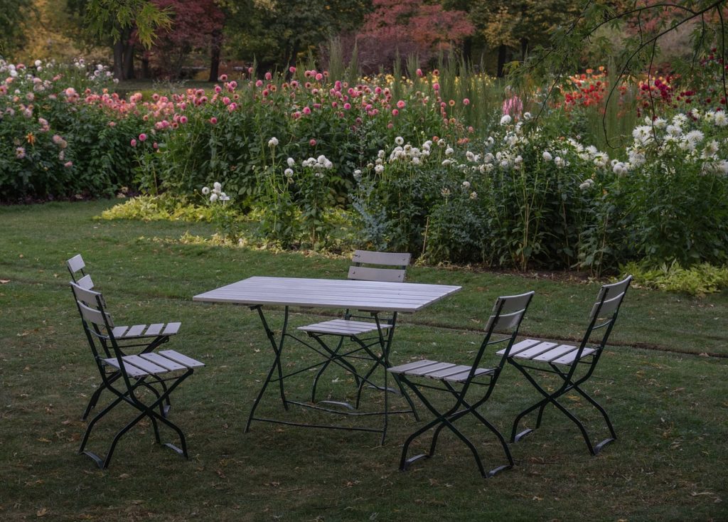 table et chaises pliantes dans un jardin fleuri avec dahlias roses et blancs