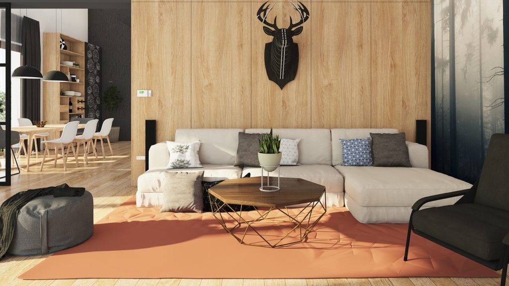 tapis orange dans un salon minimaliste avec canapé beige et décoration zen