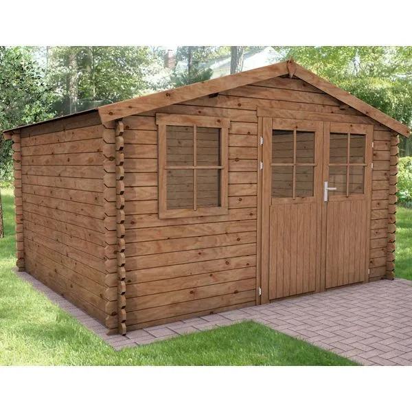 abri de jardin en bois massif avec porte et fenêtres, style rustique