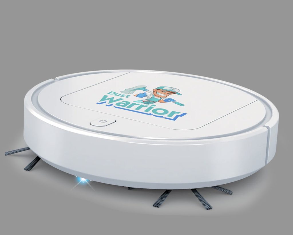 aspirateur robot DustWarrior blanc design minimaliste avec logo