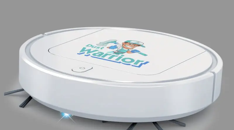 aspirateur robot DustWarrior blanc design minimaliste avec logo