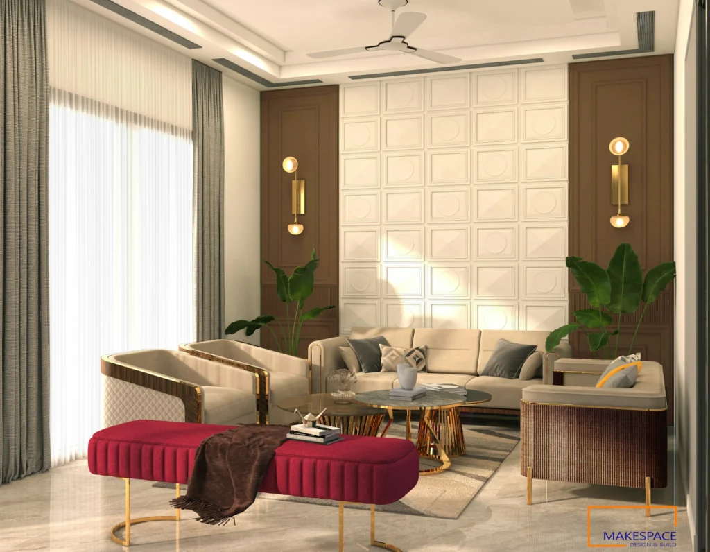 salon moderne avec canapé beige, poufs rouges et mur à panneaux blanc crème