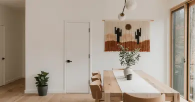 Modern dining room with desert-themed wall hanging.