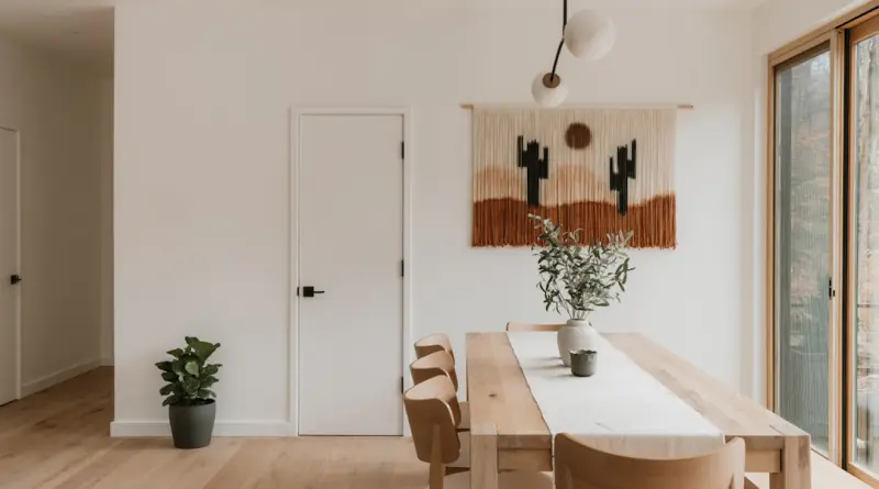 Modern dining room with desert-themed wall hanging.