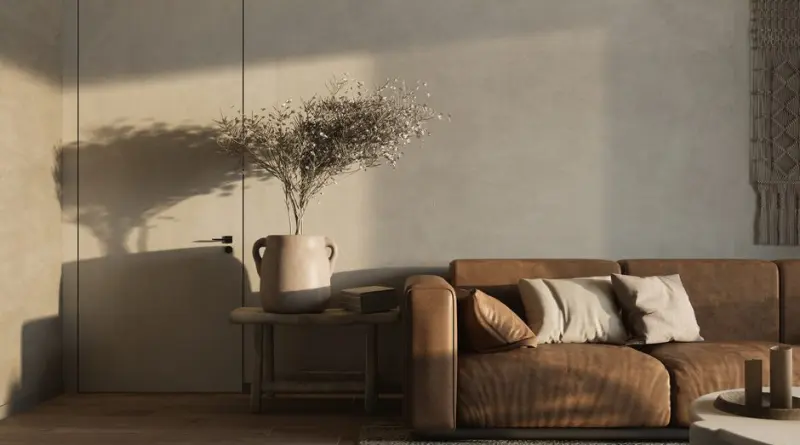 Warm minimalist living room featuring a brown sofa and decorative elements.
