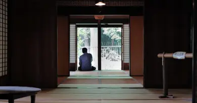 A person sits on the floor in a traditional room.
