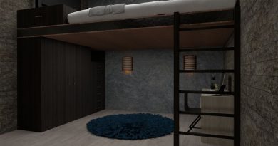 Stylish modern loft bedroom with minimalist design and multifunctional furniture.