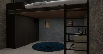 Stylish modern loft bedroom with minimalist design and multifunctional furniture.