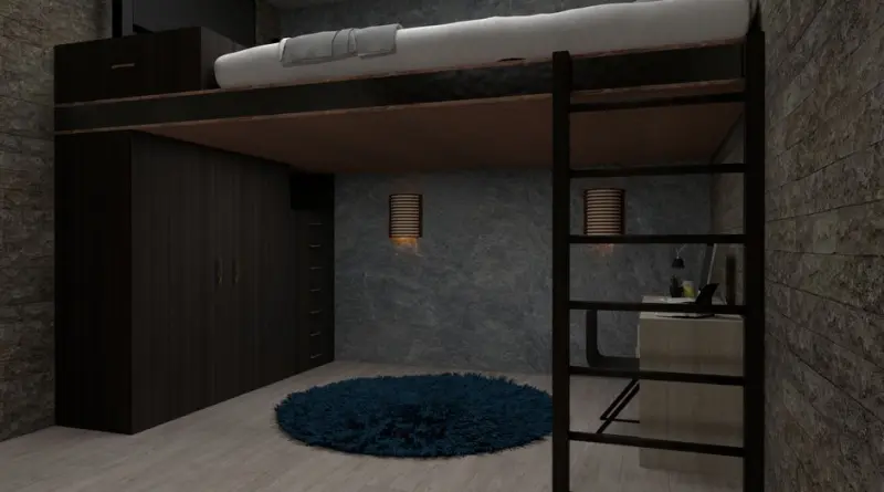 Stylish modern loft bedroom with minimalist design and multifunctional furniture.