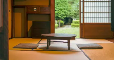 a room with a table and rugs on the floor